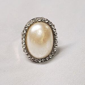 Vintage Silver Tone Faux Pearl and Clear Rhinestone Bezel Ring